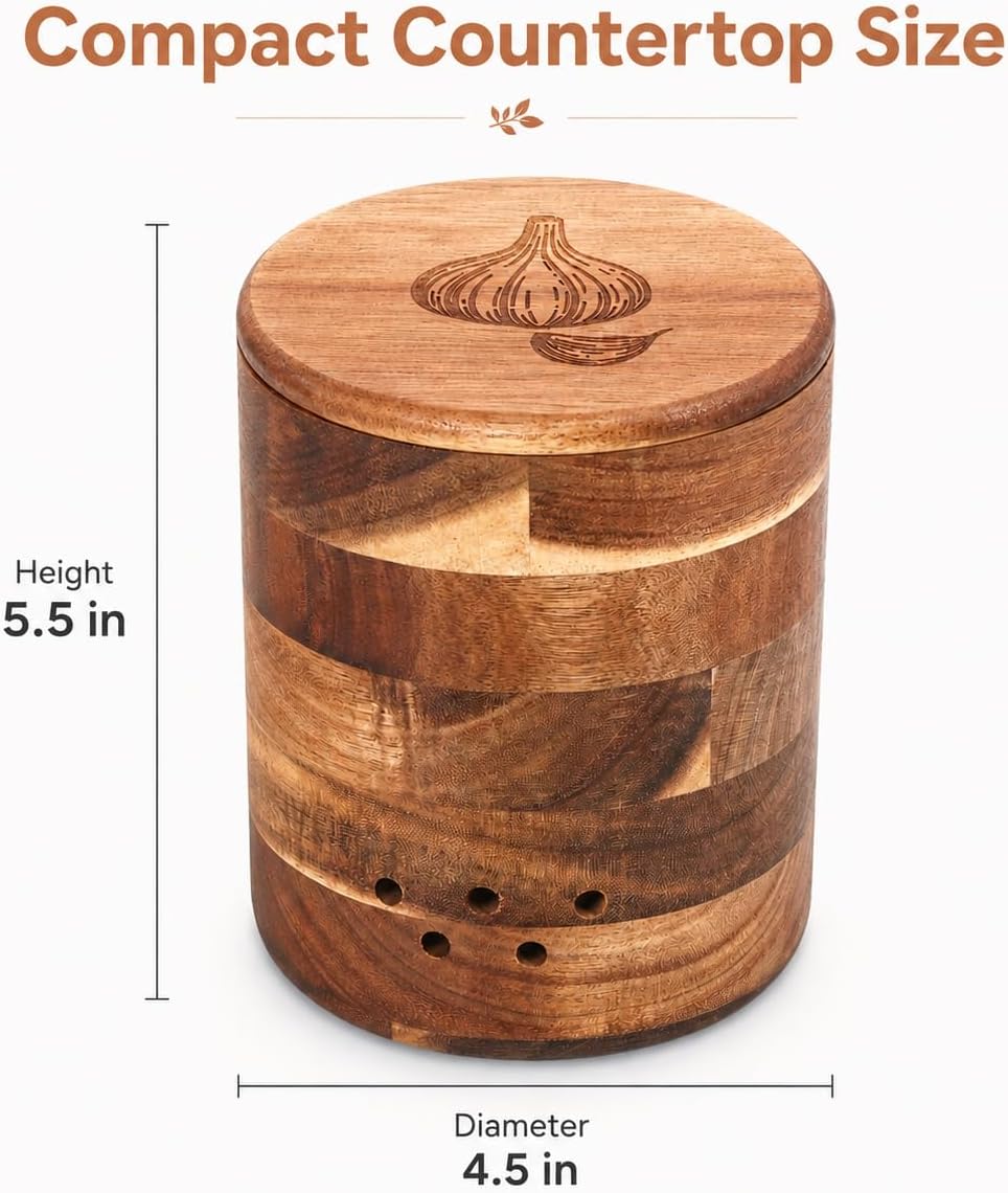 Acacia Wood Garlic Keeper for Counter with Lid, Garlic Storage Container with Vent Holes Farmhouse Garlic Holder Jar for Kitchen Countertop Rustic Garlic Saver Keeps Garlic Fresh Longer (Acacia Wood)