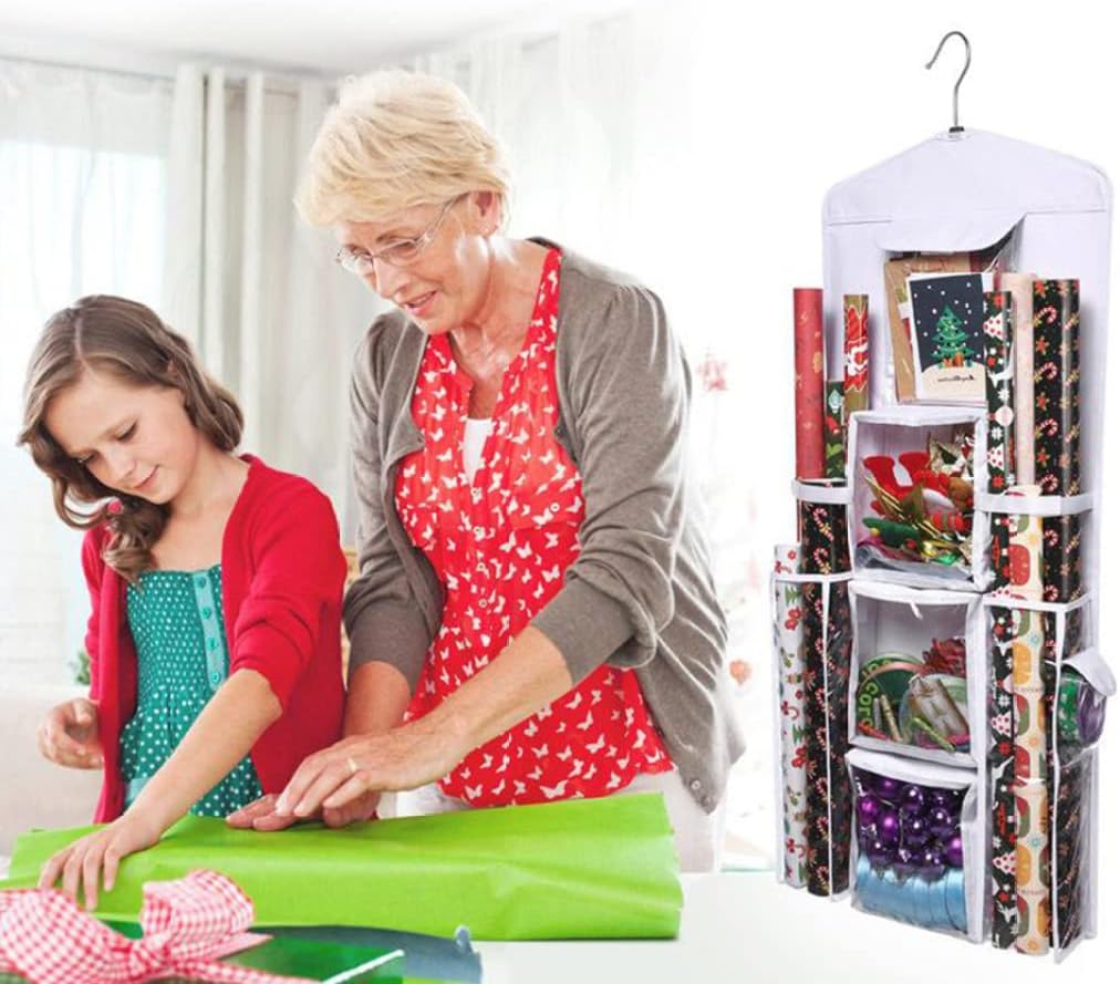 Christmas Wrapping Paper Organizer Large Capacity Wall Hanging Double-Sided Transparent with 10 Pockets Space-Saving Rear Door Gift Storage Bag with Zipper 37.40x5.51 Inch.