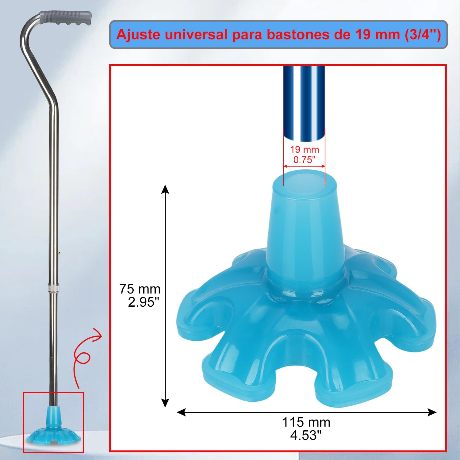 supregear Brillante Contera Grande de Goma para muletas y Bastones, 19 mm Punta de Goma Resistente con 6 Pies para Mejorar la Estabilidad, Mejora la Visibilidad en Entornos Oscuros, Azul