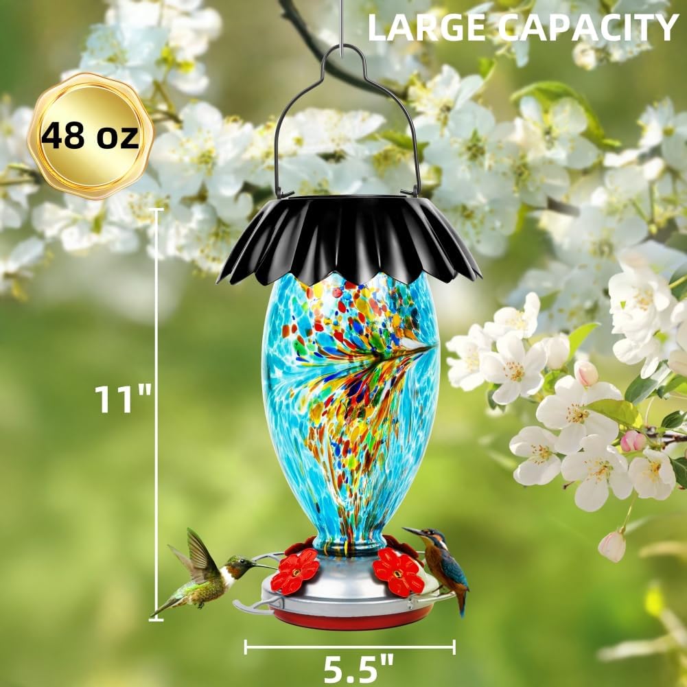 Solar Hummingbird Feeder for Outdoors Hanging Colorful Lighting 32 Oz Hand Blown Glass Hummingbird Feeder for Garden Decoration with Accessories (Blue)