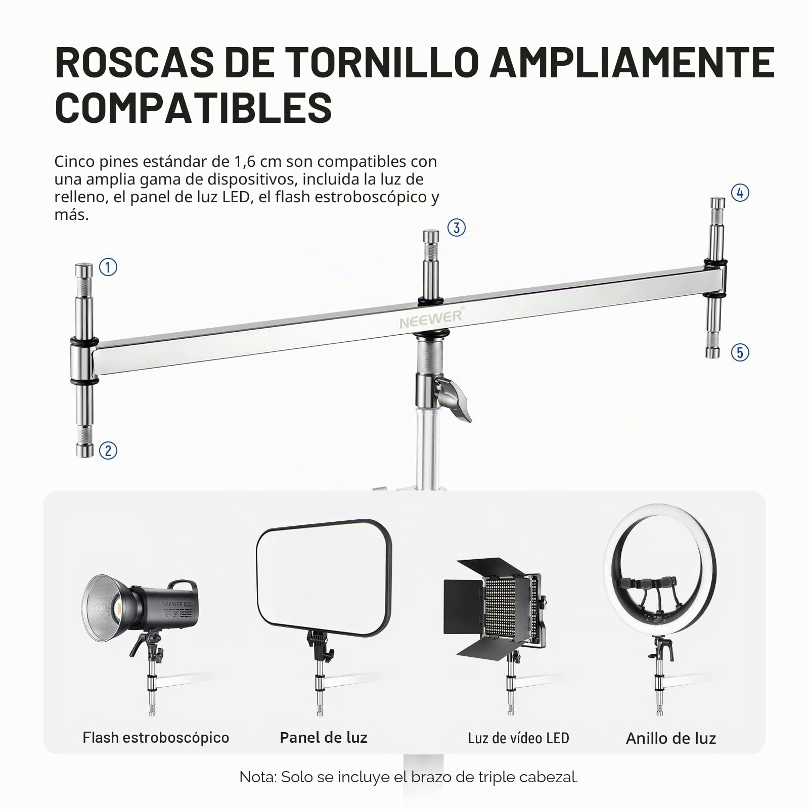NEEWER Brazo de Pluma de Cabezal Triple con Cinco Pines de Bebé de 5/8" para Luz LED/Flash, un Pin de 1-1/8" para Soporte C/Soporte con Perno de 16mm o Receptor Júnior de 28mm,Acero Inoxidable,UA005