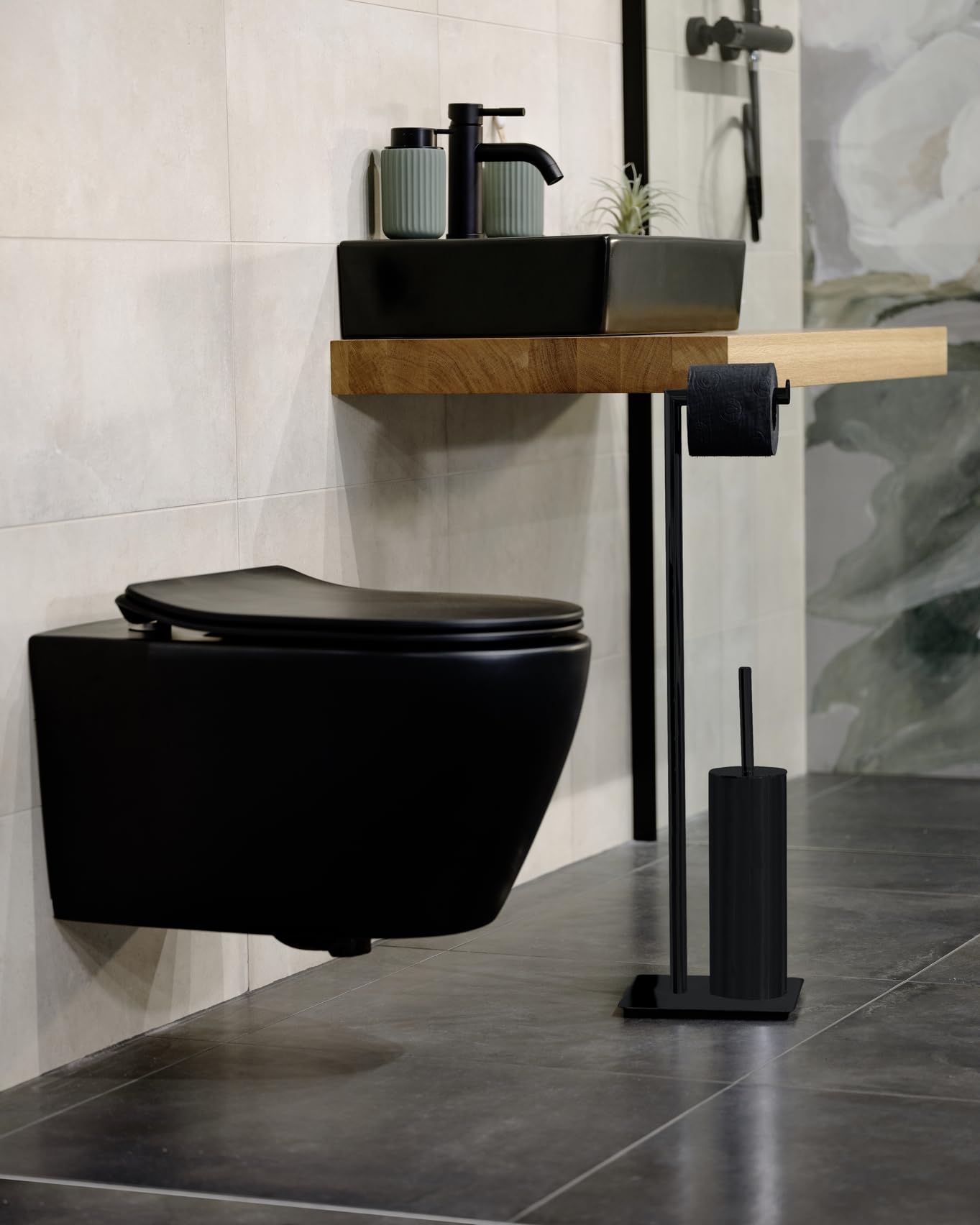 WENKO Stand Recco - Escobillero para Inodoro (2 en 1, Acero Lacado, Base Pesada, 20 x 71,5 x 20 cm), Color Negro