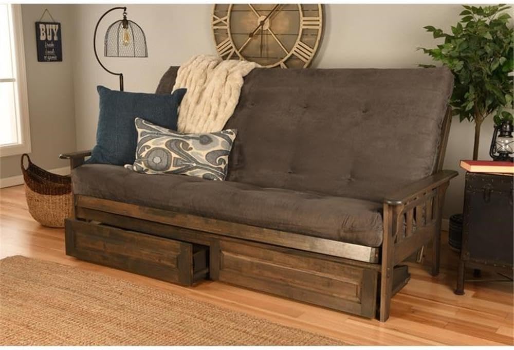 Kodiak Tucson Queen Futon Frame with Storage Drawers - Wood Futon Set with Mattress Included in Suede Fabric Mattress (Gray/Walnut)