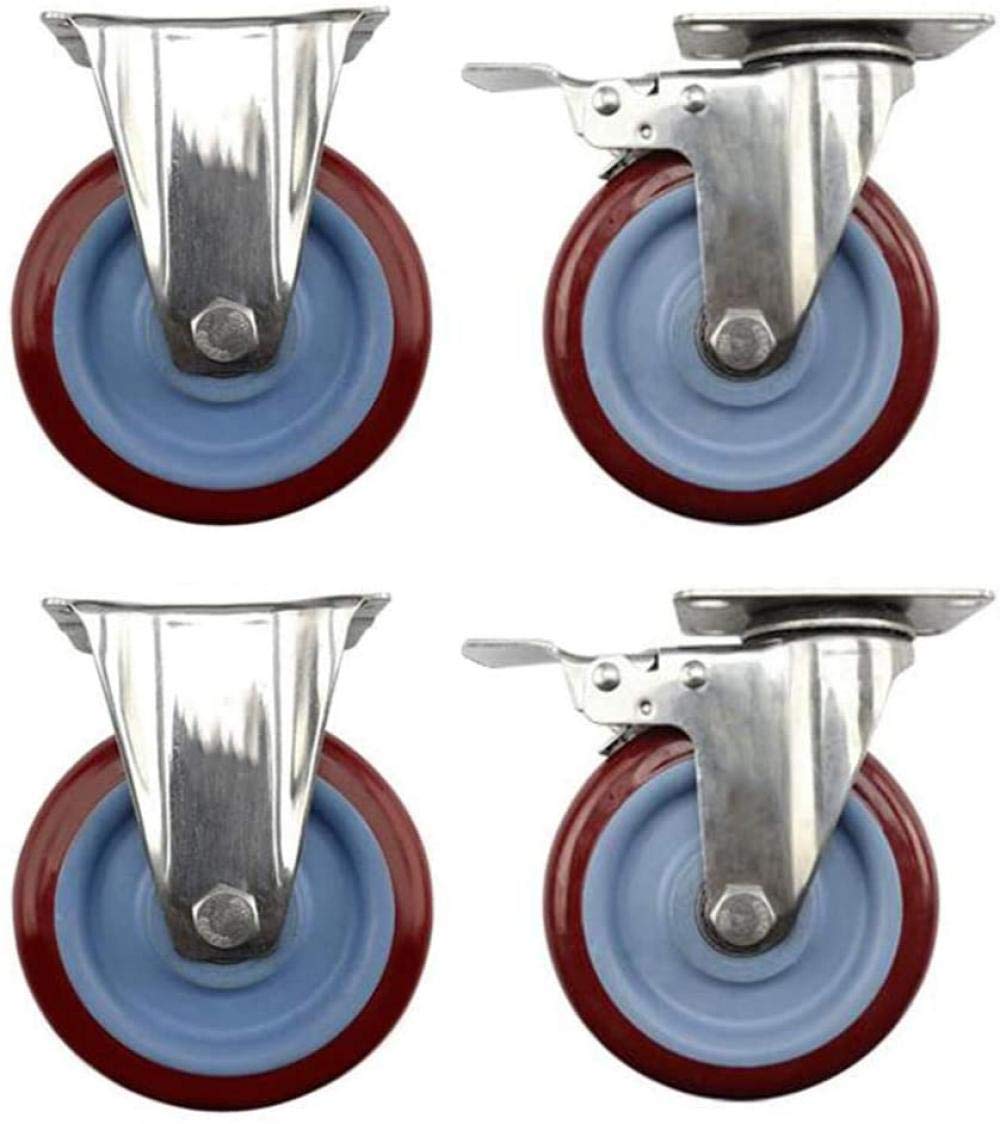Roue de Roulette Rouge X4 roulettes pivotantes 3/4 / 5in roulettes de Frein silencieuses Support en Acier Inoxydable adapté aux Chariots Équipement de mobilier industriel-5in125mm_