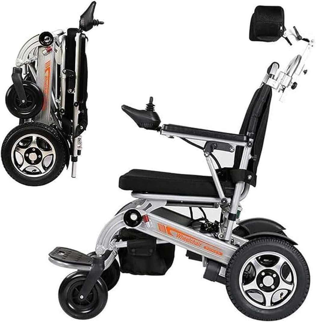 Silla de ruedas eléctrica plegable ultraligera, silla de ruedas eléctrica con reposacabezas, para personas mayores y discapacitadas, batería de ion de litio 24 V 20 Ah, Plata