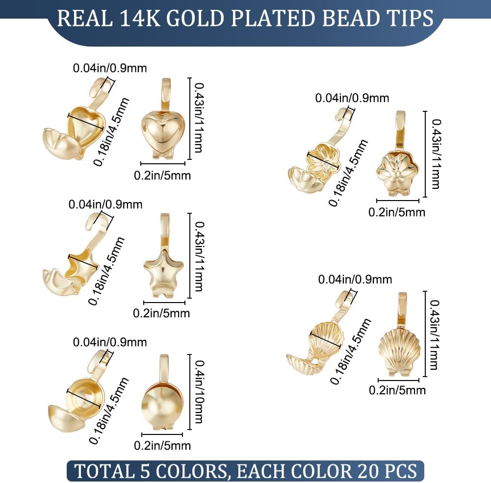 Beebeecraft 1 Box 100Pcs Bead Tips 14K Gold Plated Brass 5 Style Open Bead Tips Knot Cover Tiny Clamshell Fold-Over Culotte Ends Caps for Knots & Crimp Findings Jewelry Making, 4.5mm Inner Diameter