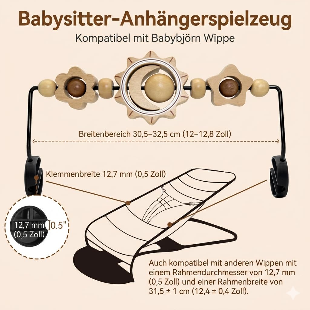 Spielzeug für Babywippe, kompatibel mit Baby Björn Bouncer Balance Soft & Bliss, drehbare Holzspielzeugstange, sensorisches Spielzeug für Babys jeden Alters (Sonne und Mond)