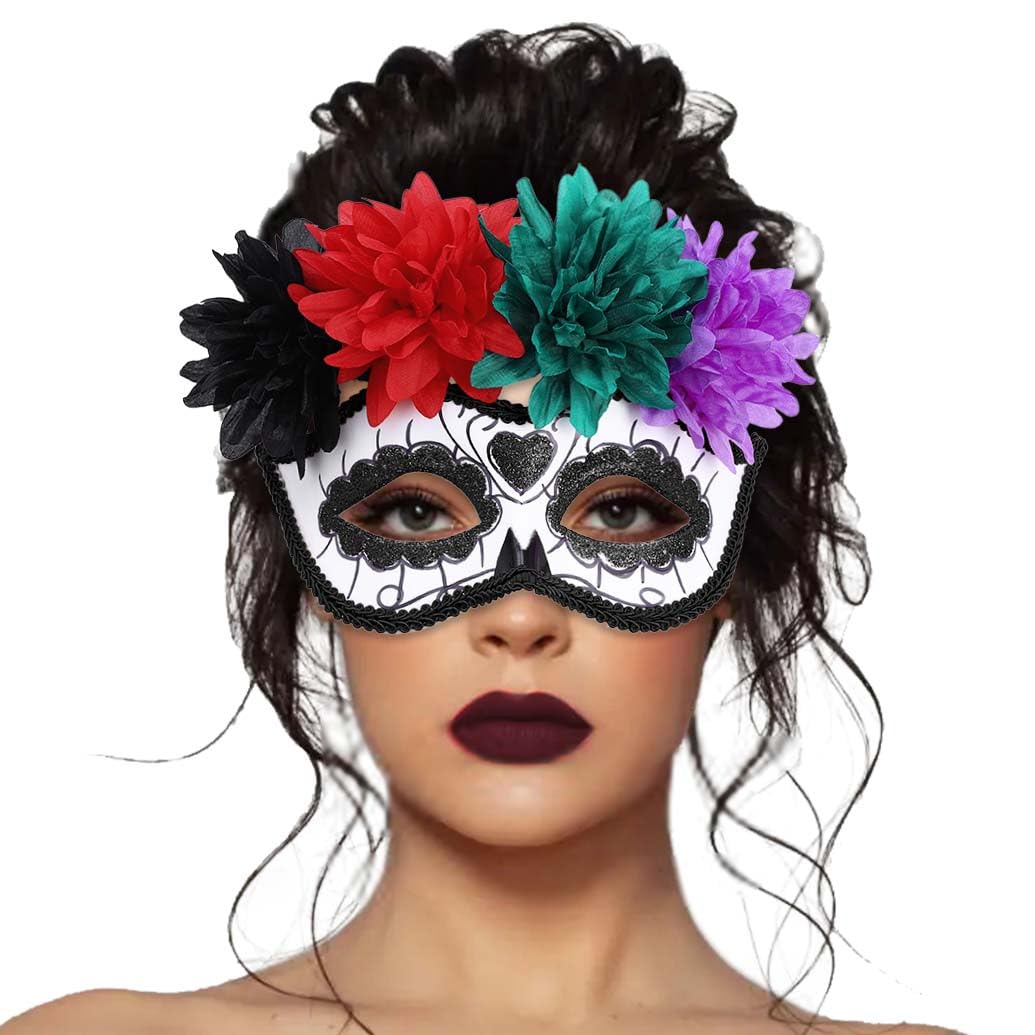 Nicute Masquerade Mask Mexican Day of the Dead Mask for Women Men Sugar Skull Flower Eyemask Fancy Carnival Party Masque