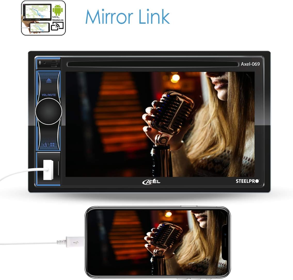Steelpro Autoestereo Axel Premium demonstrating Mirror Link feature with a smartphone connected via USB, mirroring its display.