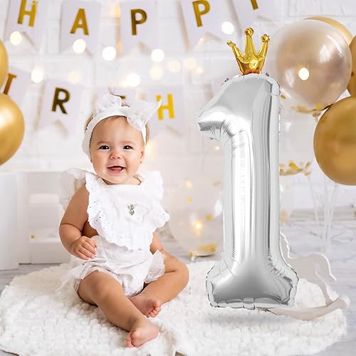 Miniatura 5 de Globo plateado de números grandes con corona, globos de aluminio de Mylar de 40 pulgadas, decoración de fiesta de cumpleaños para primer cumpleaños