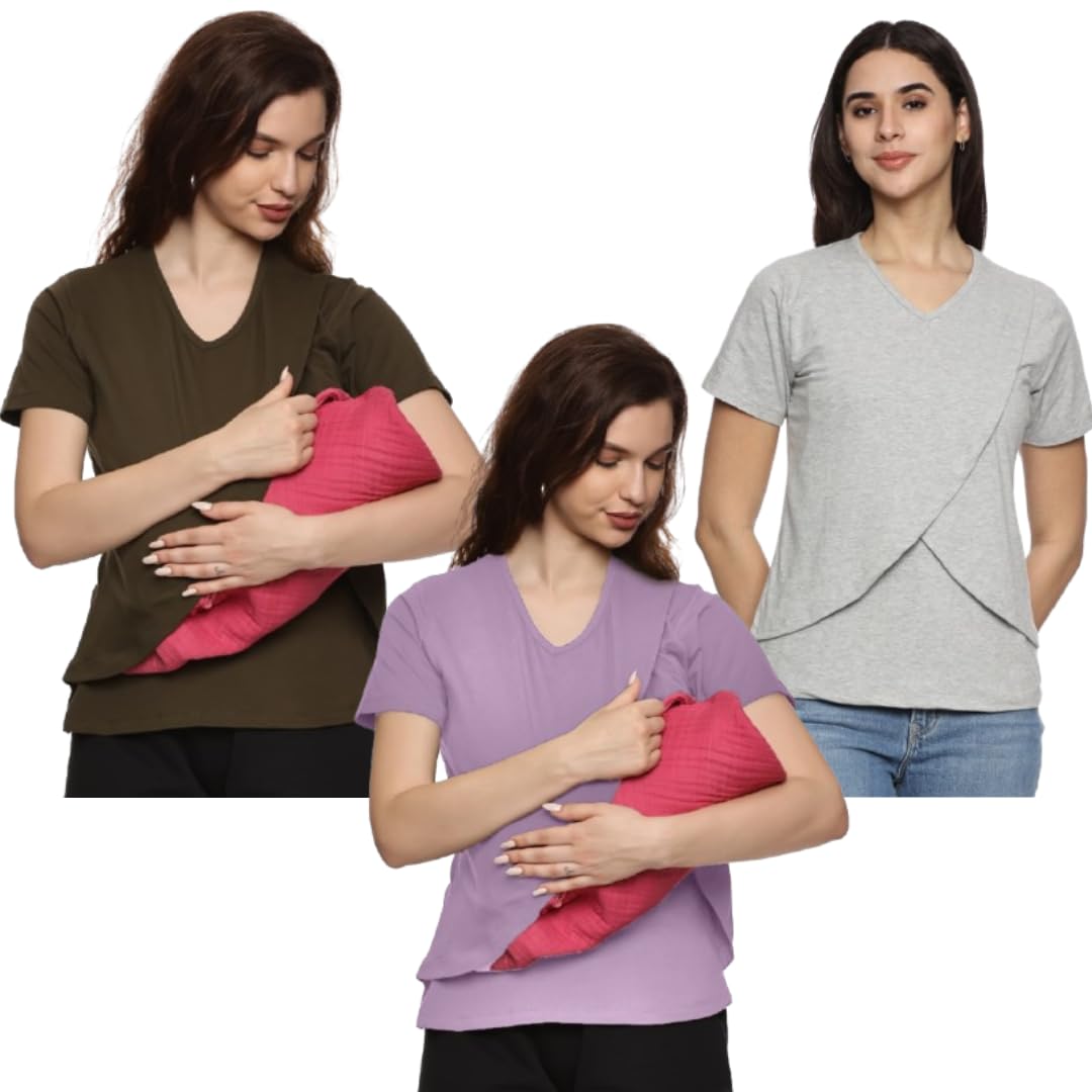 KIKWIT Maternity Feeding Tops Without Zip for Women, Feeding Coverup Pregnancy Tshirt,Feeding T-Shirt for Easy Nursing & Breastfeeding.(Pack of 3) (in, Alpha, 3XL, Regular, Green_Lavender_Grey)