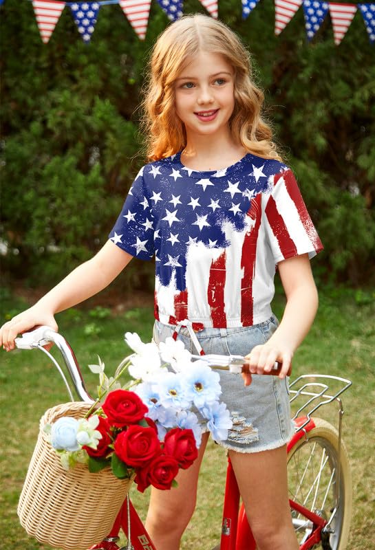 BesserBay 4th of July Girls USA Flag Elastic Drawstring Crop Tops 6-14 Years3
