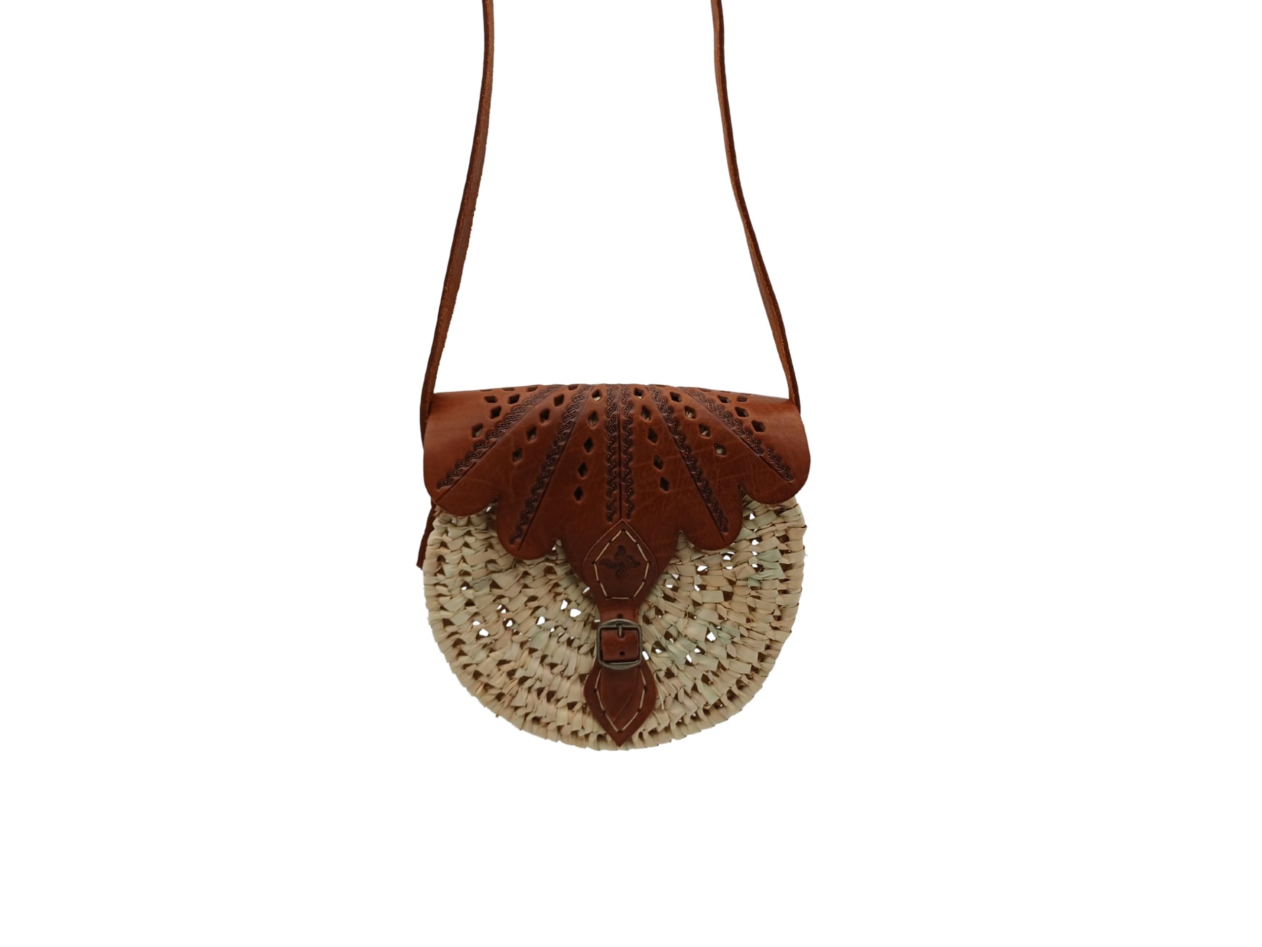 Bolso de Mano Bohemio de Hoja de Palma, Solapa de Cuero, 22x22cm, Beige y Marrón, Asa Larga, Estilo Ratán