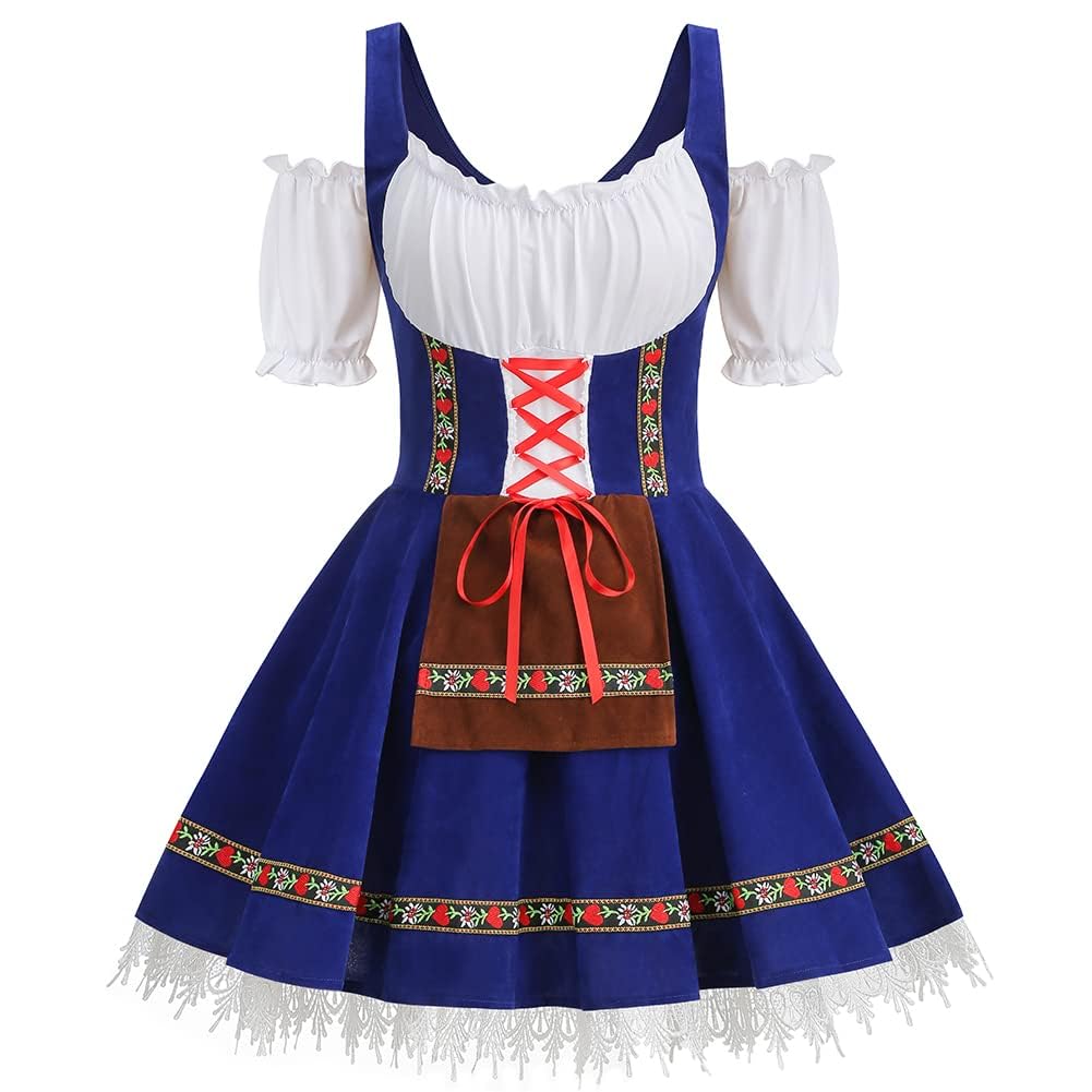 maxToonrain Oktoberfest Outfit Women Blue,Women's German Beer Bavarnian Traditional Short Sleeve Off Shoulders Halloween Costume Fancy Dress for Womens(Blue M) - Image 3