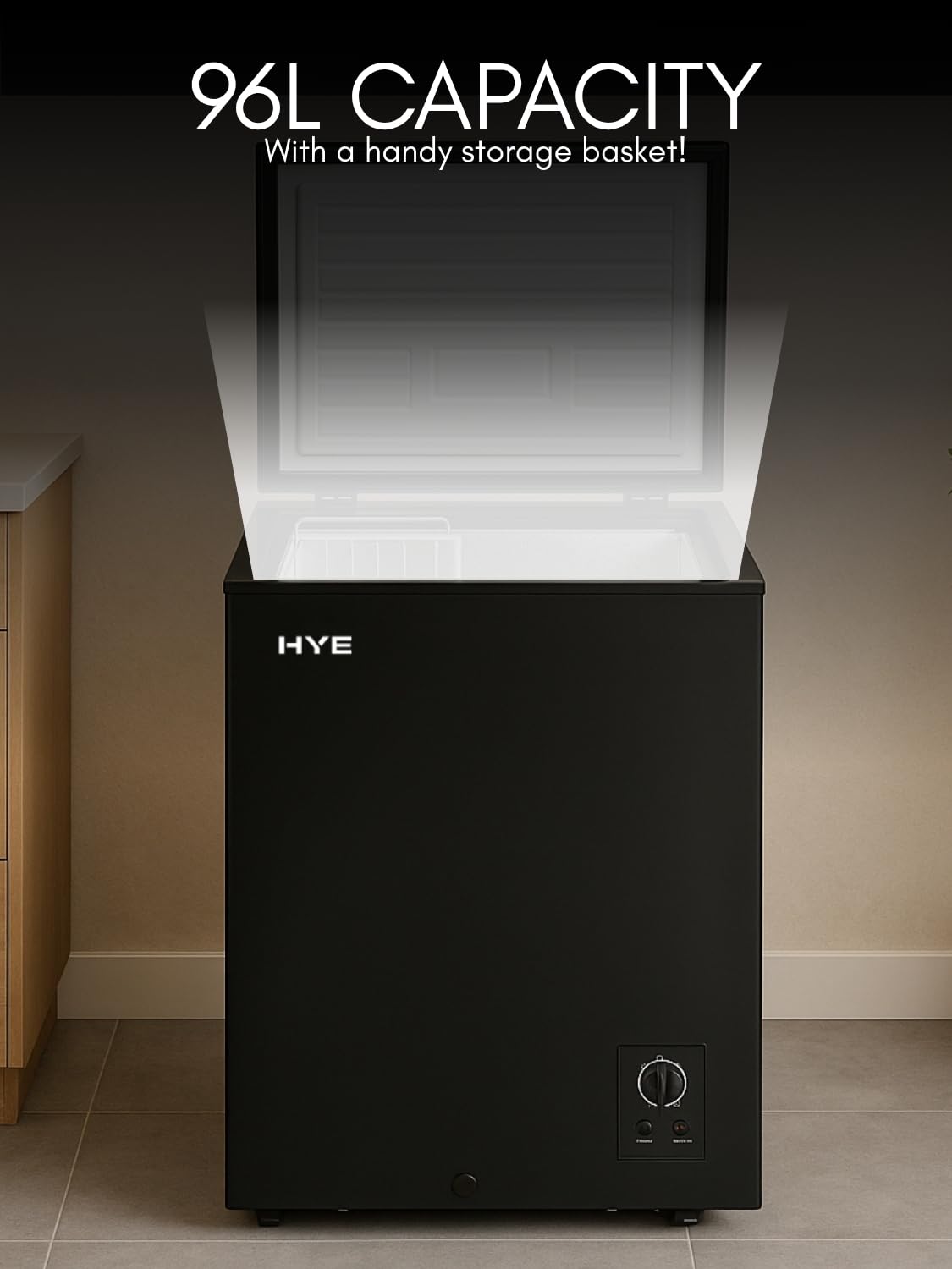 HYE Chest Freezer - 96L Freezer, Quiet 42 dB Operation, Mechanical Temperature Control, Freestanding Design, Black, Suitable For Garages & Outbuildings - RF01CF96B24 — view 3