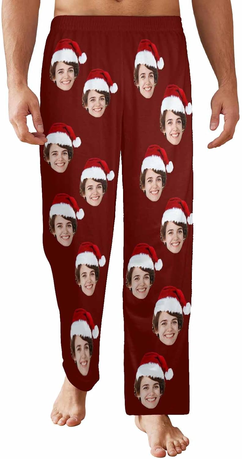 Personalized Christmas Pajamas for Men Women Custom Face Photo Pajama Pants Sleepwear Bottoms for Mom Dad Daughter