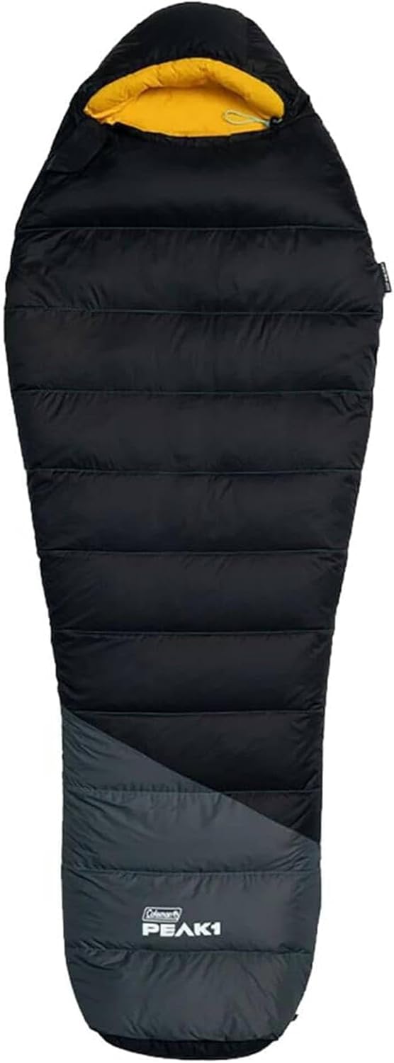 Coleman PEAK1 0 Degrees Fahrenheit 1 Person Nylon Mummy Sleeping Bag with Integrated Sleeping Sysem and Water Repellent Shell, Black