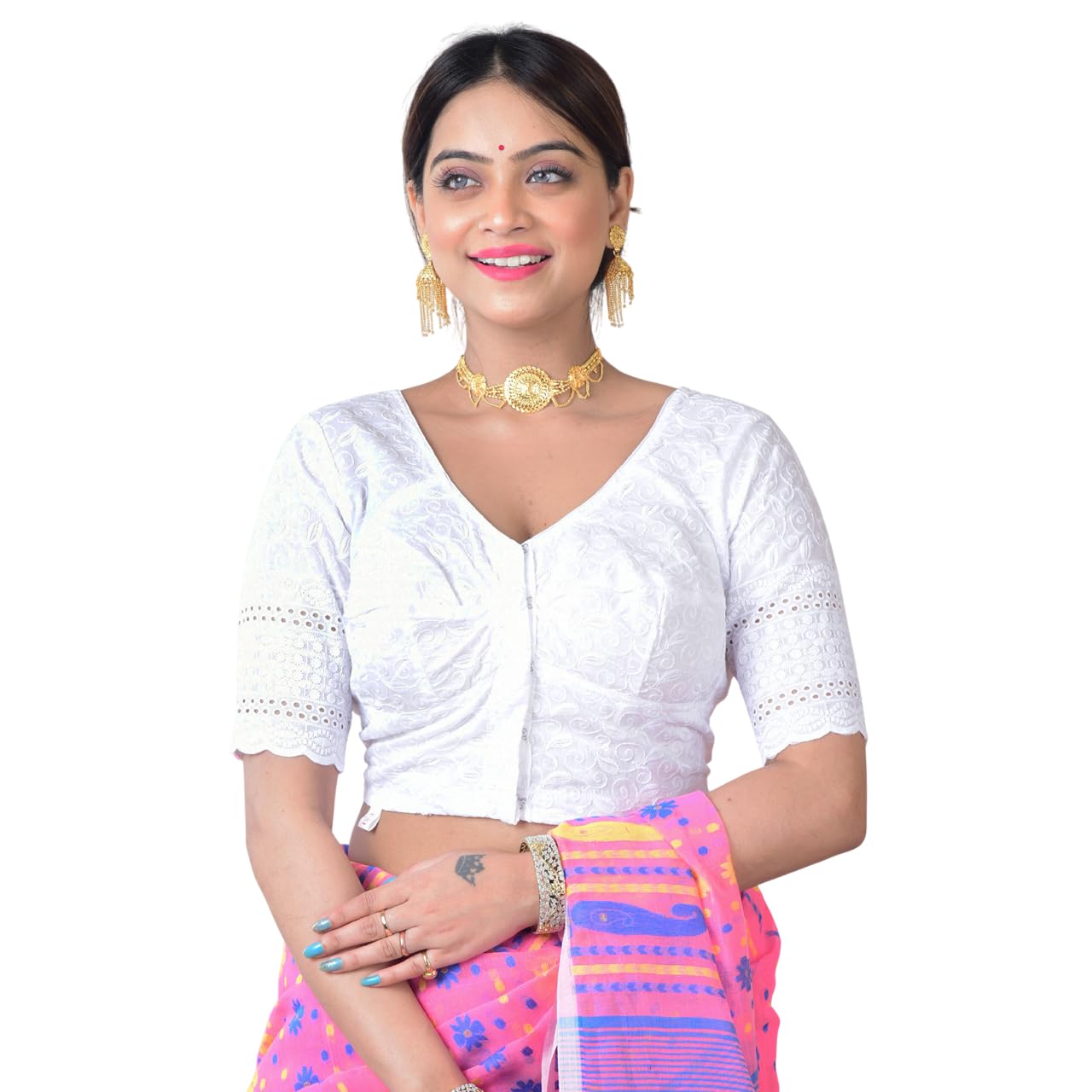 ziksa Traditional Chikankari Embroidered Saree Blouse, V-Neck Cotton Crop Top with Open Back Design, Half Sleeve Formal Ethnic Wear for Women-picture-50