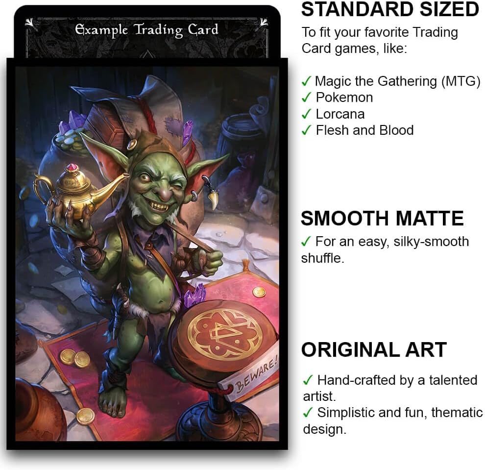 Fantasy North - Pik - Goblin Treasure Hoarder - 100 Smooth Matte TCG Trading Card Sleeves - Fits Magic MTG Commander Pokemon and Other Card Games - Playing Card Sleeves (FN145S)