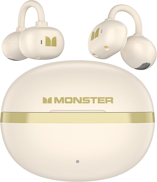 Monster AC220 Open Ear Clip-On Earbuds, Bluetooth 6.0 Wireless Headphones with 13mm Driver, AI-Enhanced Clear Calls, Lightweight Running Earbuds, 22H Playtime, IPX5 Waterproof, White