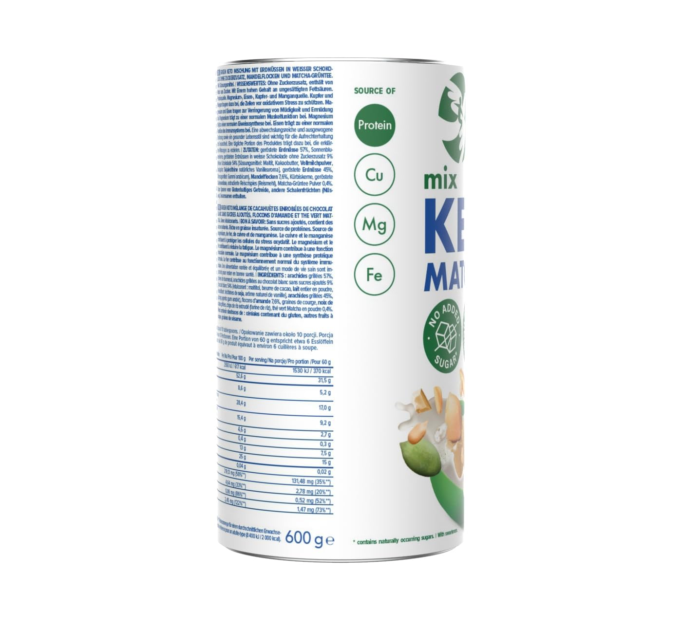 GREEN KETO MIESZANKA Z ORZESZKAMI ZIEMNYMI W BIAŁEJ CZEKOLADZIE BEZ DODATKU CUKRÓW, PŁATKAMI MIGDAŁÓW I ZIELONĄ HERBATĄ MATCHA OneDayMore
