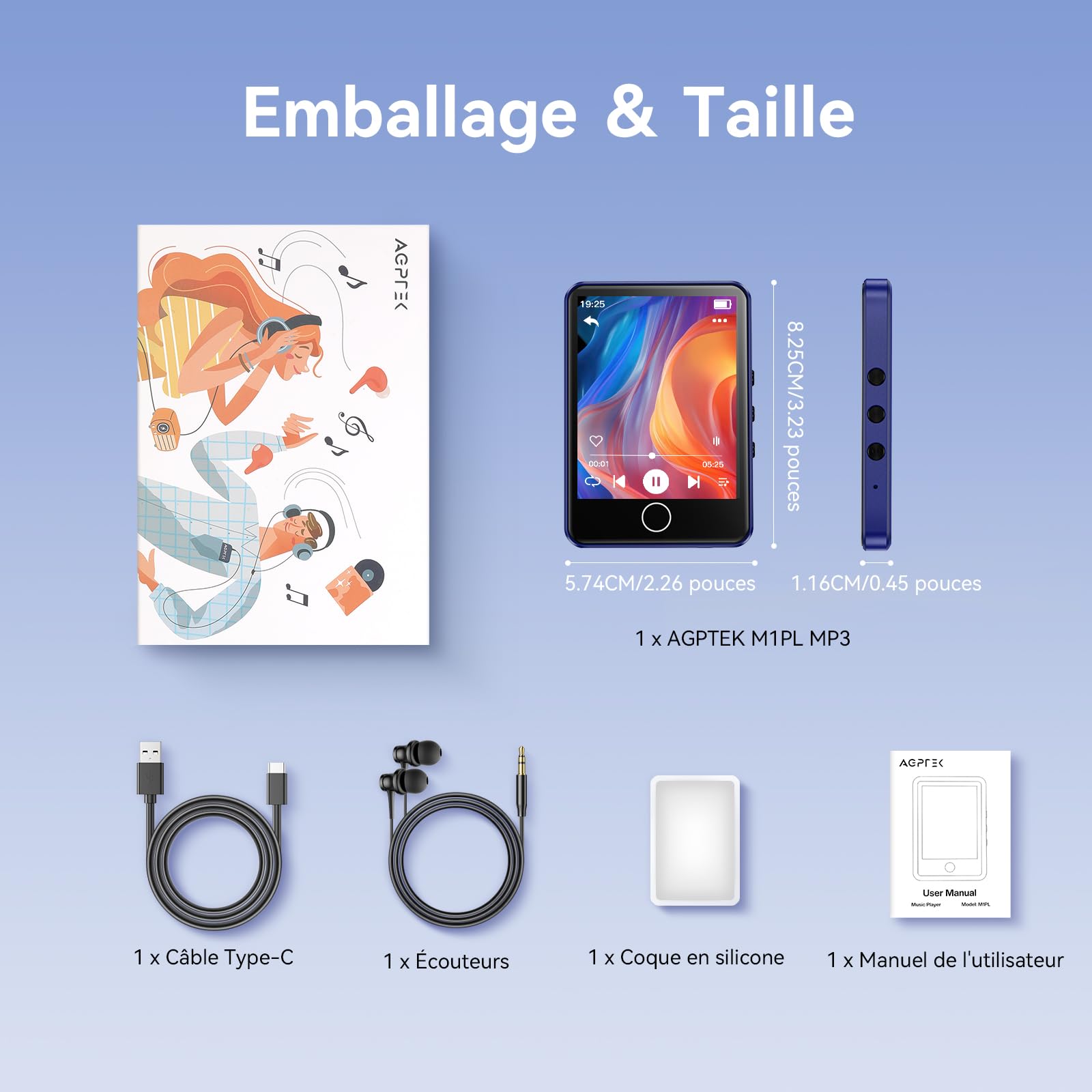 AGPTEK 64Go MP3 Bluetooth 5.3, Baladeur Numérique 2.8" Tactile Lecteur Musique HiFi avec Haut-Parleur/Radio FM/Enregistreur, Externe Jusqu'à 128Go, Incluse Protection en Silicone et Écouteurs, Bleu