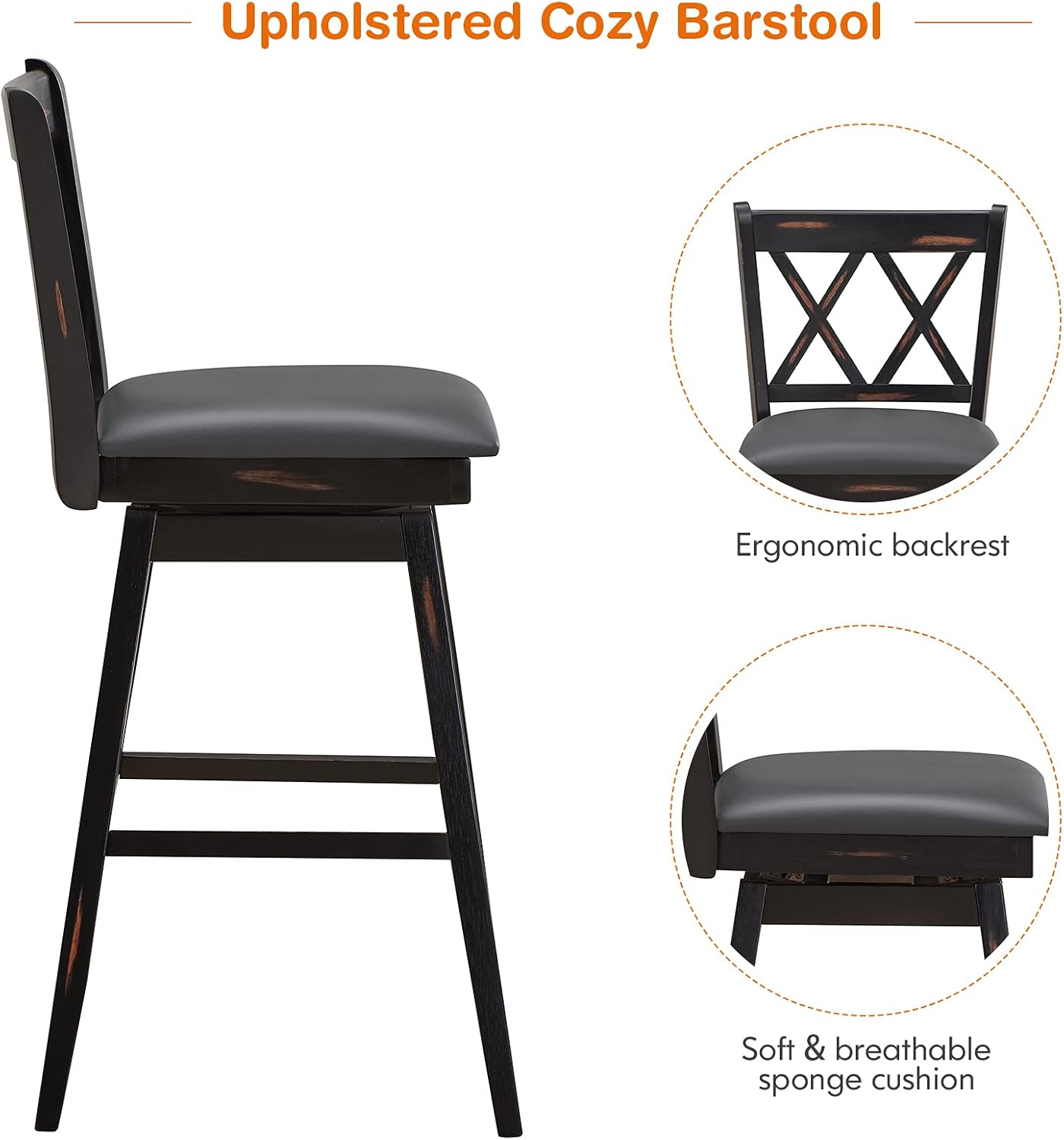 Close-up views of the bar stool's ergonomic backrest, soft cushion, and swivel mechanism.