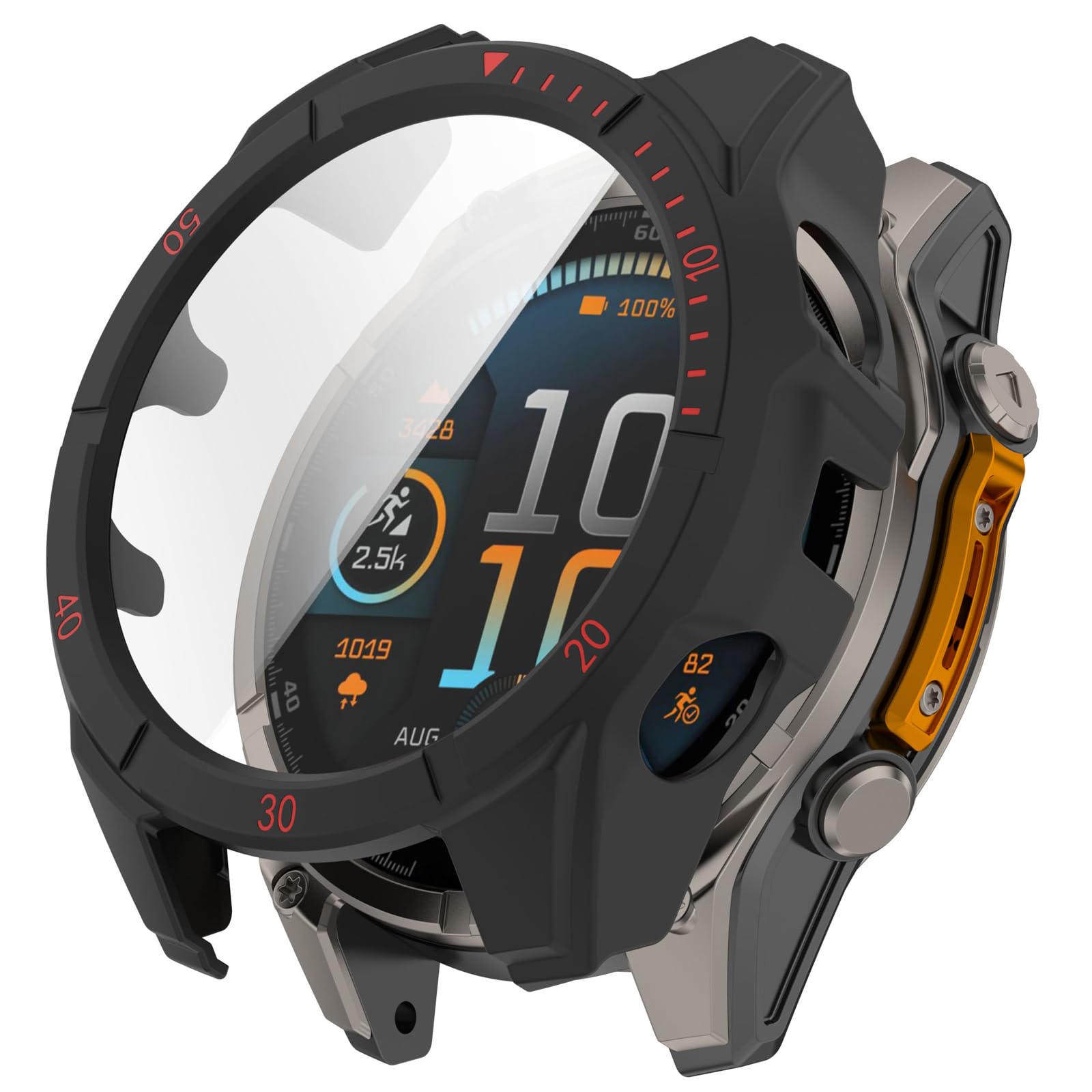 AWADUO Compatible with Garmin Fenix 8 Solar 47mm Smartwatch Full Coverage PC Protective Case Cover with Tempered Glass Touchable Screen Protector Smartwatch Accessories(Black+Red)