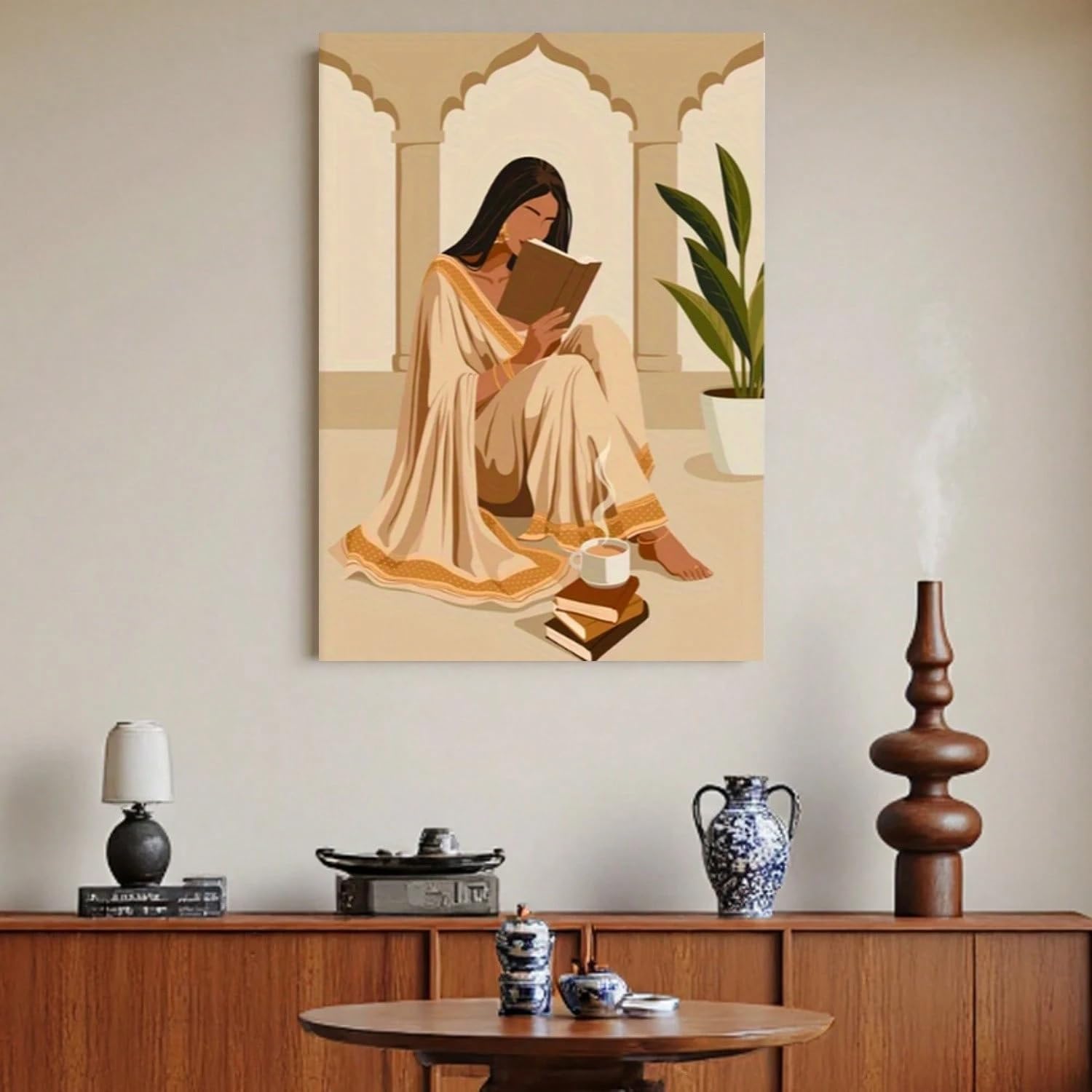 CWZBFEH Woman Reading Art Canvas Poster - Desi Plant Mom Theme, Modern & Bengali Wall Art, for Living Room(70x90cm/No frame)