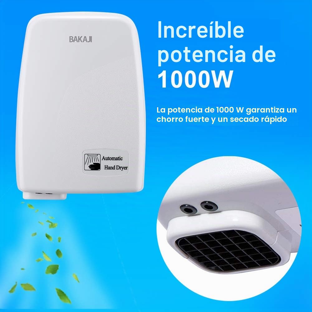 Bakaji - Secador de manos automático eléctrico - Ideal para hoteles, baños públicos - Secador de aire caliente de pared con sensor fotocélula - 1000W de potencia