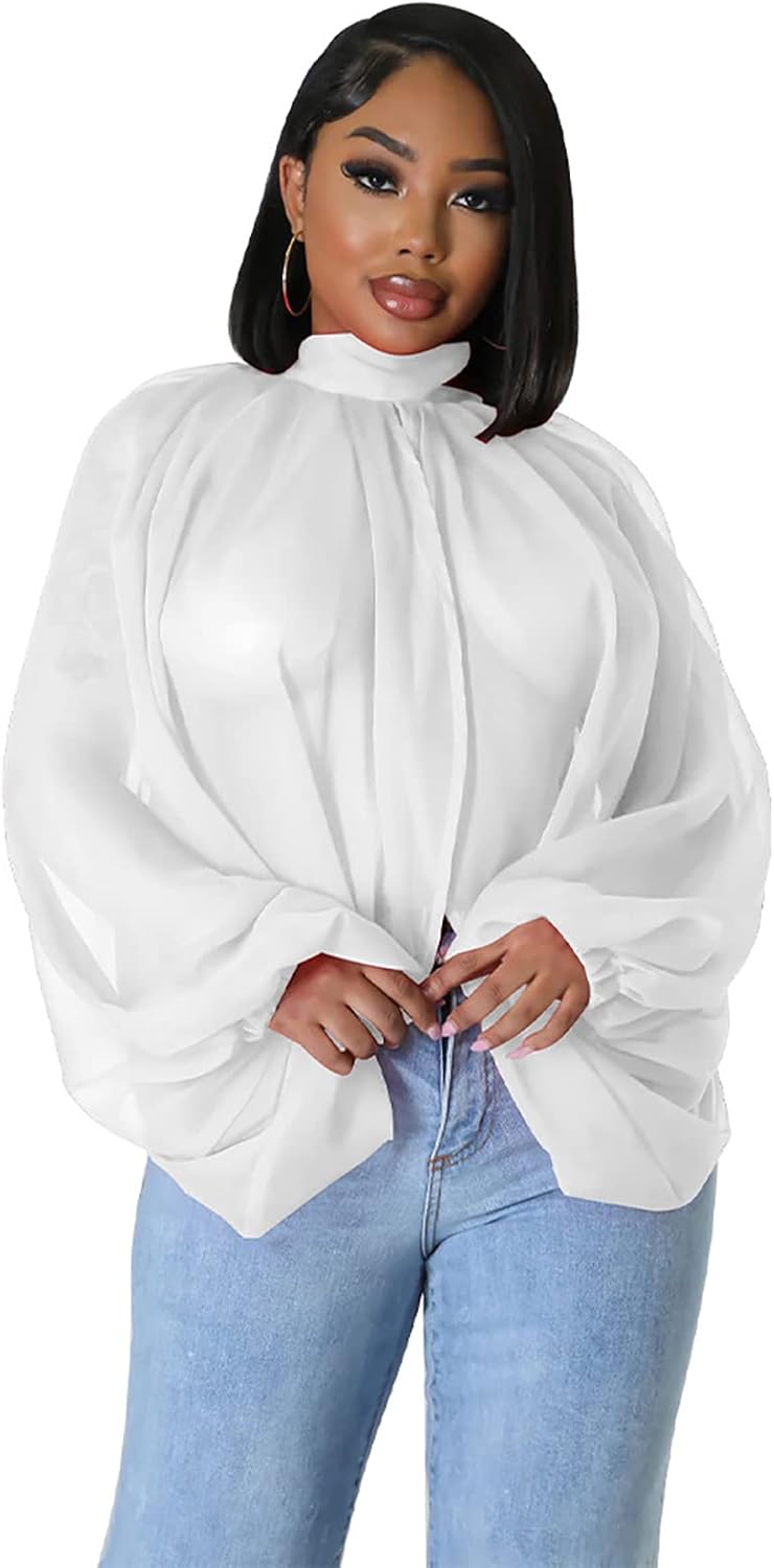 Women's Sexy See Through Chiffon Sheer Lantern Sleeve Front Back Open High Neck Self Tie Casual Shirts Blouses Tops - Image 2