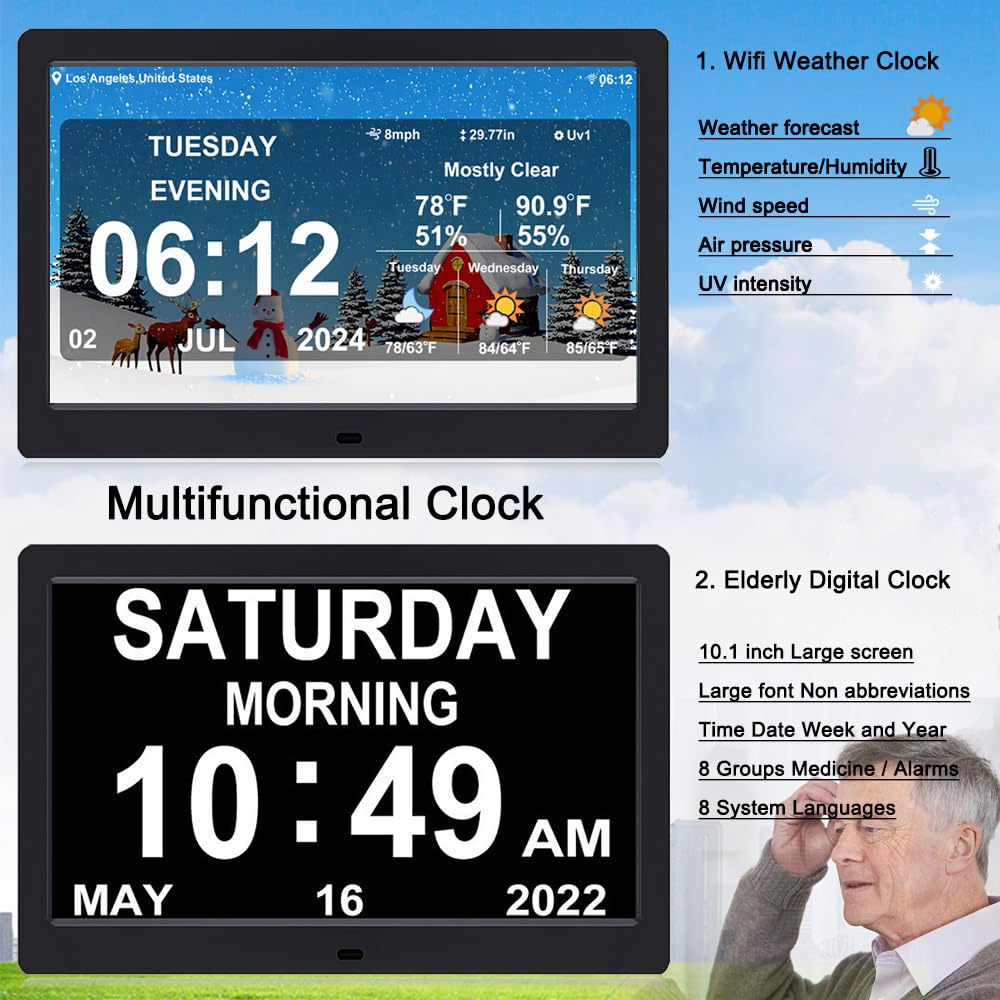 Reloj de calendario digital con alarma de día y fecha, con temperatura climática, humidificación, demencia, Alzheimer, ancianos, regulable, automático, 8 opciones de alarma (10.1 pulgadas