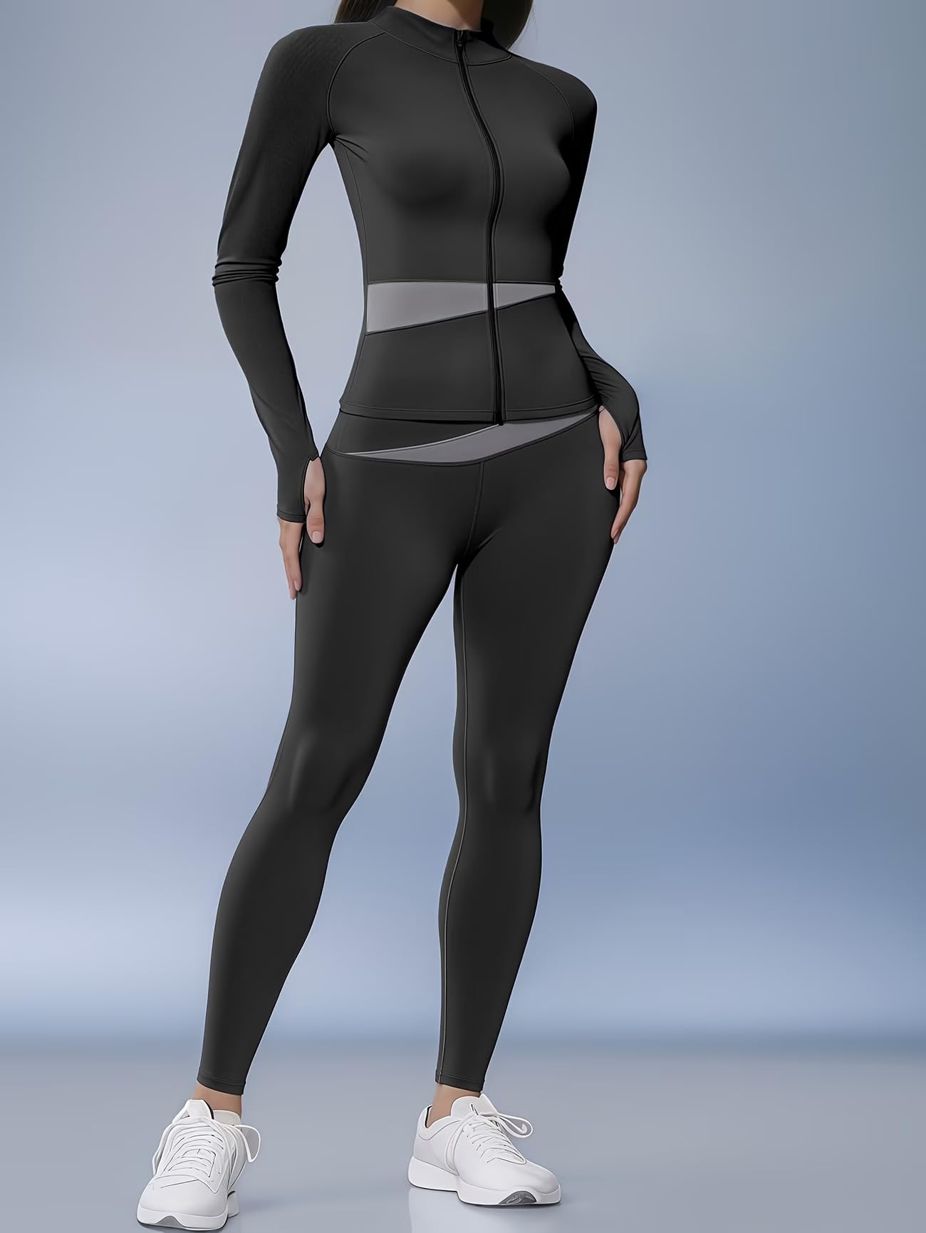 Set di 4 pezzi da donna per yoga, allenamento, con cerniera, giacca a maniche lunghe, leggings da yoga per fitness, reggiseno imbottito sportivo per corsa, fitness, tuta senza cuciture