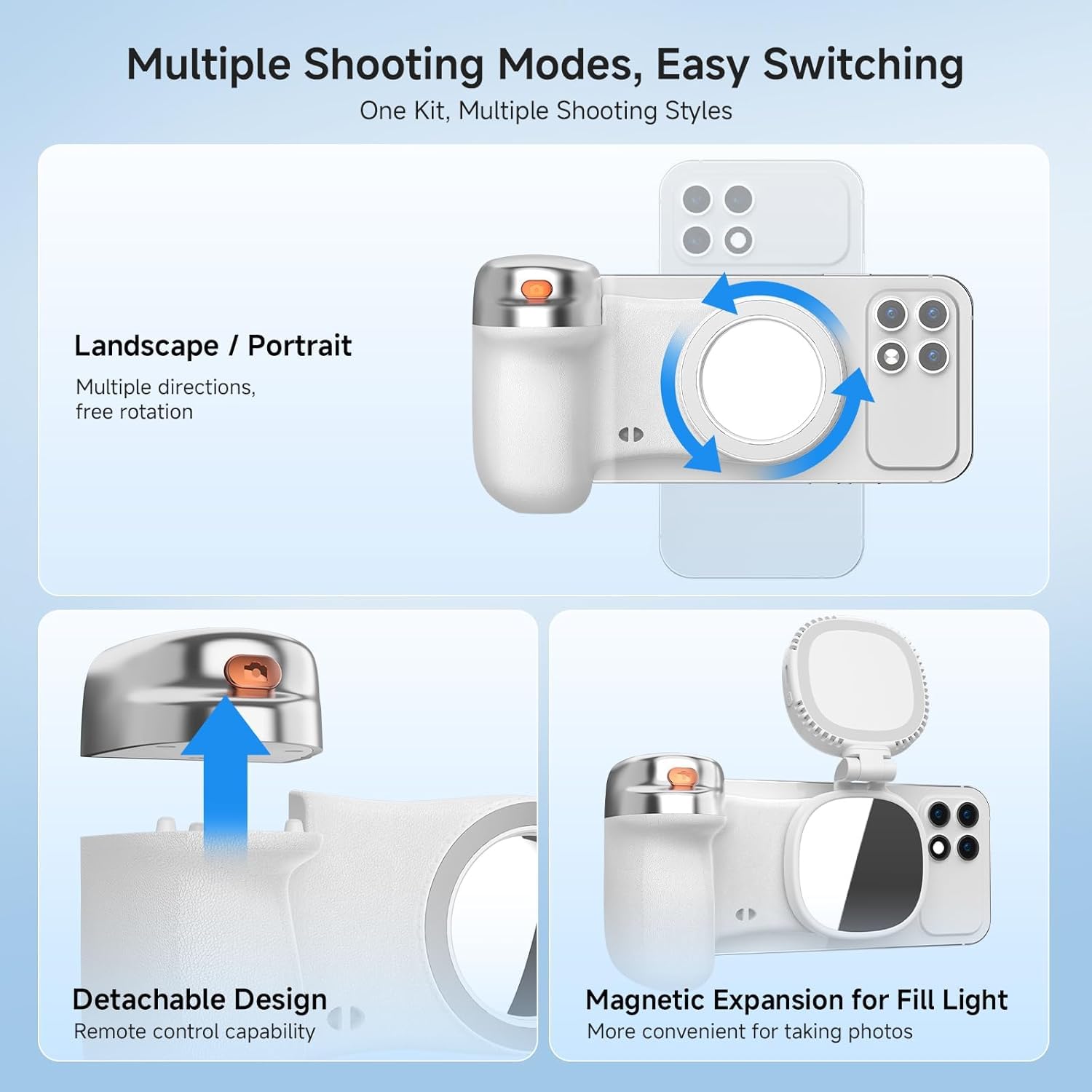 Supporto magnetico per telefono con controllo Bluetooth staccabile, maniglia per fotocamera smartphone per iPhone e Android con luce di riempimento selfie, otturatore ergonomico in stile DSLR per