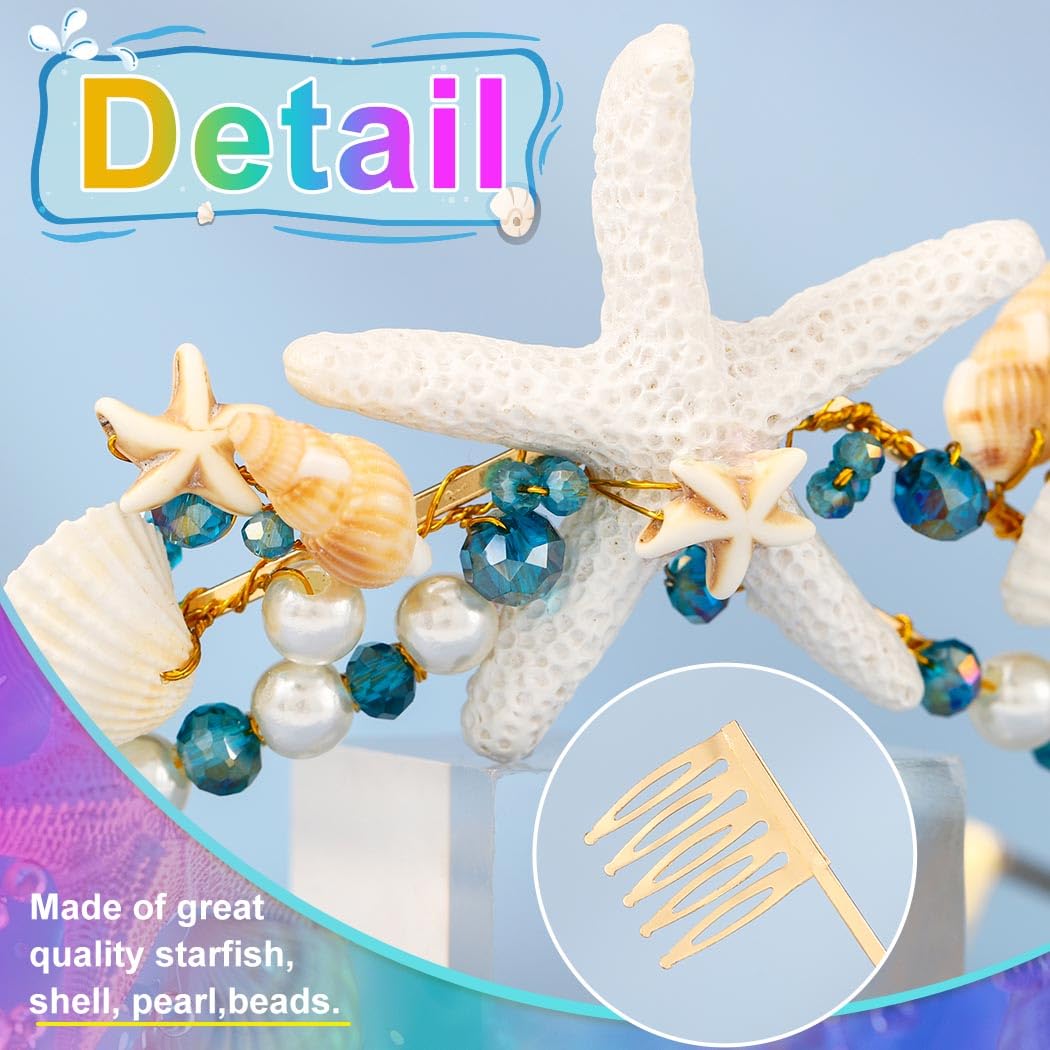 CAKURE Sea Star Crown Headband Boho Starfish Tiaras Beach Wedding Crowns Headpiece Sea Shell Headbands Pearl Beach Wedding Hair Accessories for Women thumbnail