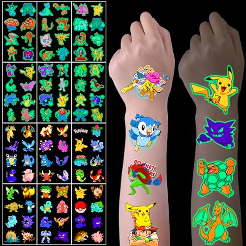 KOOCOVY Tattoo Kinder 12 Blätter Kindertattoos Hautfreundliche 6 Luminous Tattoo Stickers + 6 Blätter Skin-Tattoo für Kindergeburtstag Party Deko Hautfreundliche Temporäre Kindertattoos
