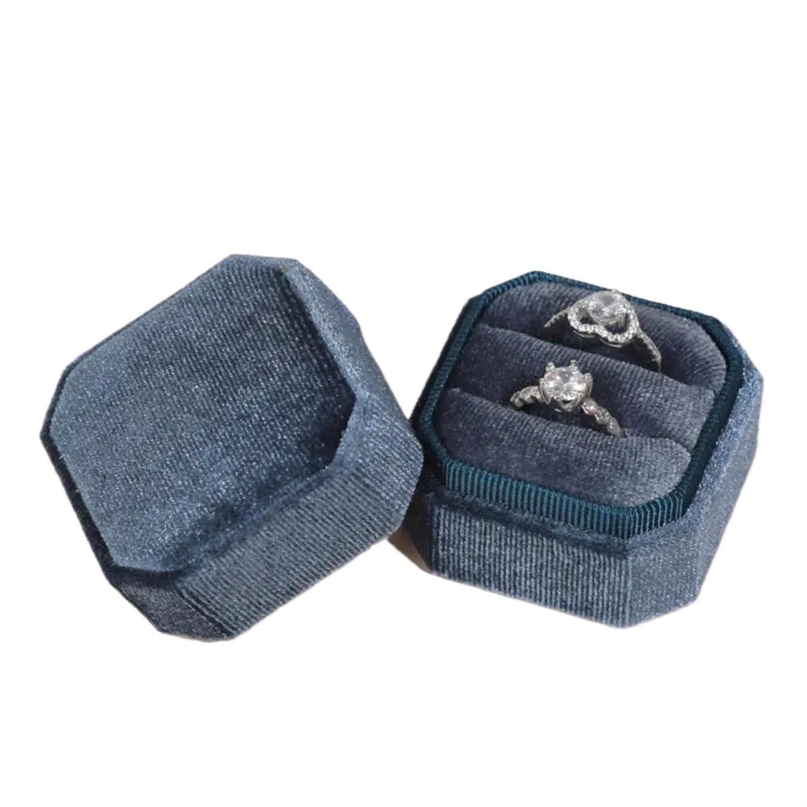 Ring Box Vintage Octagon Square Velvet Single And Double Ring Box With Detachable Lid Earrings Proposal Engagement Wedding Ceremony Gifts(Blue Double Ring)