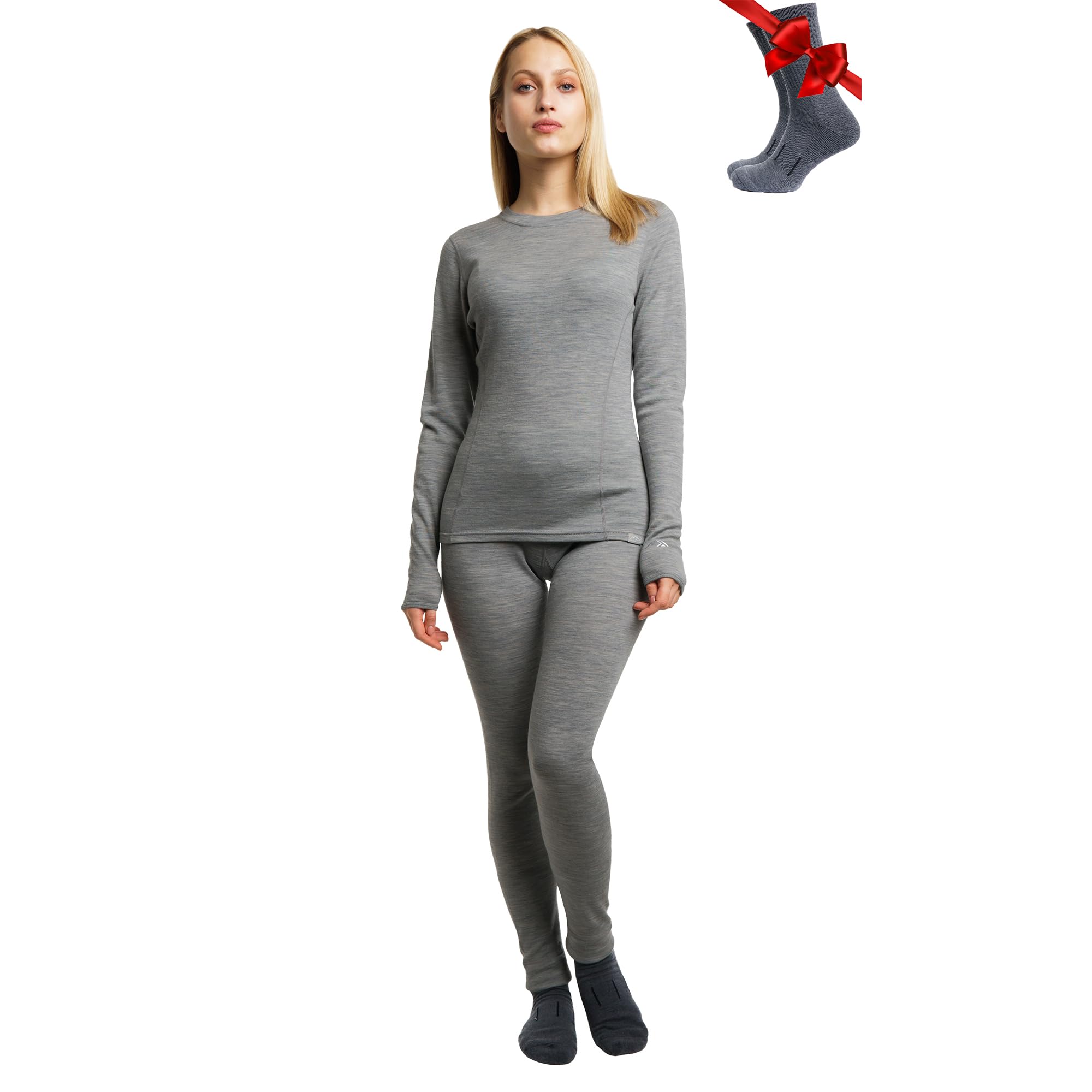 Merino.tech Women's 250 Gray Heather Set Merino Wool Base Layer Set - Merino Thermal Underwear Top And Bottom Lightweight, Midweight, Heavyweight (Large, 250 Gray Heather)