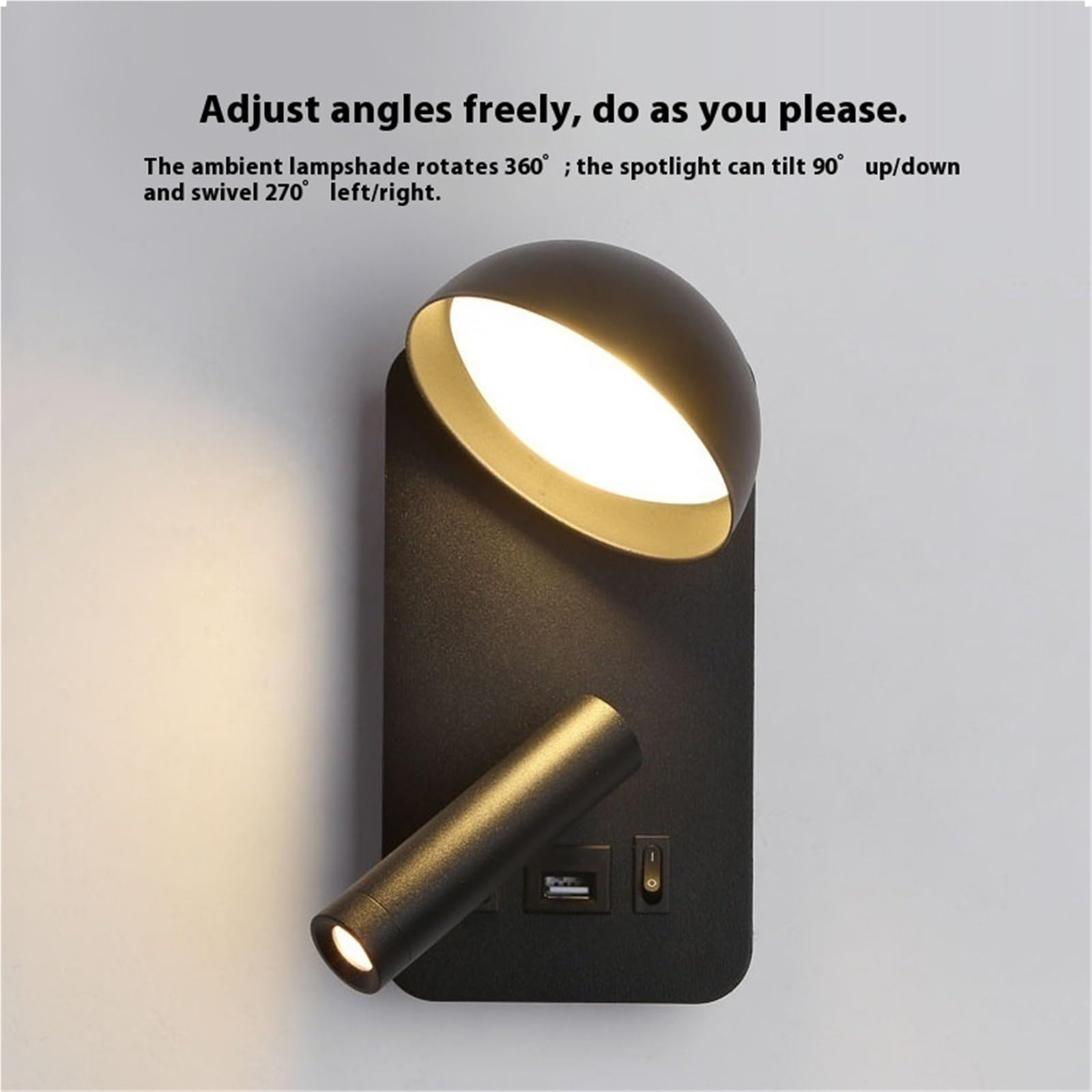 LED-Wandleuchte, USB-Aufladung Typ C, drehbare, oberflächenmontierte Lese-Wandleuchte, LED-Decken-Schlafzimmer, Hotel-Arbeitszimmer (schwarz)