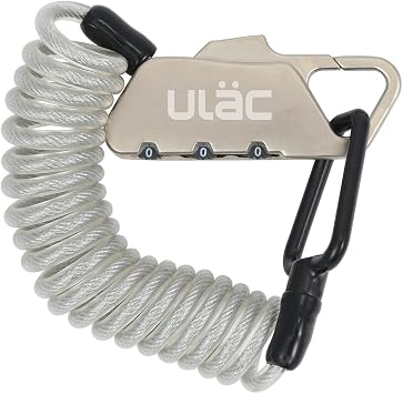 ULAC Piccadilly LTD Mini Combination Cable Lock, Helmet Lock for Bike, Bicycle, Motorcycle, e-Scooter; Small Portable Padlock for Gym Locker, Baby Stroller, Suitcase, Luggage, Gate and FenceSilver