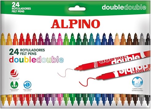 Alpino 24 Double Tip Coloured Markers | 3.6 mm Thick Tip and 2.3 mm Fine Tip | Washable Ink | Draw and Colour with Coloured Markers | Perfect as School Material