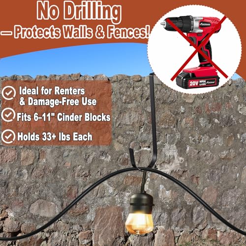 4 Pcs Outdoor No Drill String Light Hooks for 6-11 inch Concrete, Cinder Block & Brick Walls, Metal Adjustable Wall & Brick Hangers for Hanging Outdoor Rope Lights Cable Cord Holders Organizer