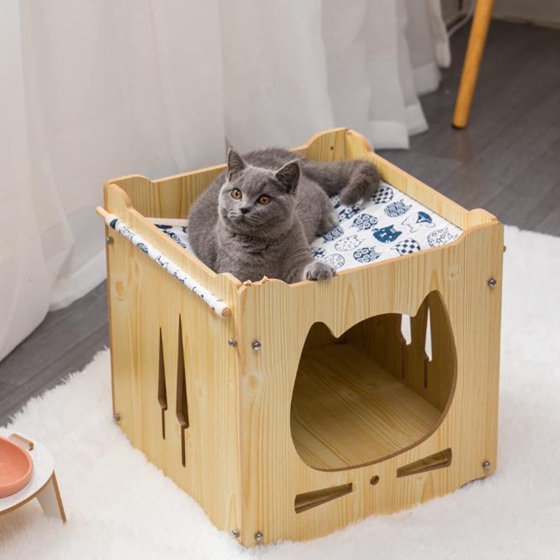 Belvery Cat House & Condos For Indoor Cats Large Cage Cat Tree Towers Cat Bed Mat Cat Cave For Big Cat With Matching Cat Hammock And Cushion DIY Wooden Cat Villa Cat Face Cave Entrance