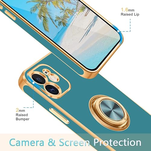 Miniatura 5 de Fingic Funda para iPhone 11, con soporte de anillo giratorio de 360, soporte magnético borde dorado chapado brillante, funda protectora delgada y