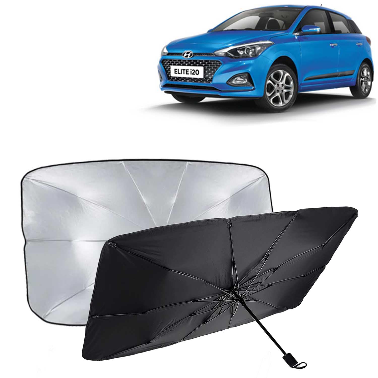 KINGSWAY® Car Sun Shade UV Protection Windshield Cover Compatible with Hyundai Elite I20, (Year 2018-2020), Foldable Size Universal Fit Umbrella Curtain for Front Window, Rear Window, Black, 1 Piece