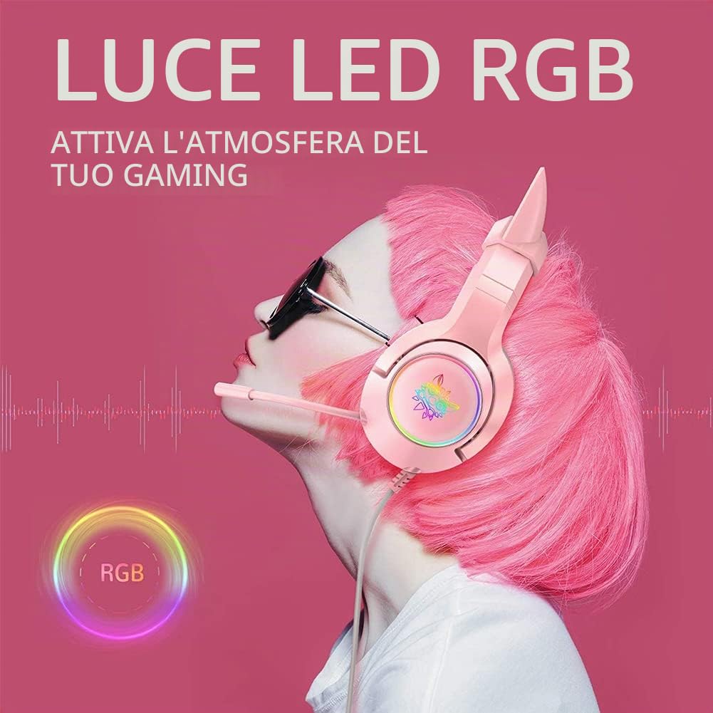Cuffie Da Gioco Gaming Rosa con Orecchie di Gatto USB Cablate | Auricolari Gaming headset con Microfono, Suono Surround 7.1, Riduzione del Rumore, Luce LED, Cat Ear, Per Adulti Ragazze PC