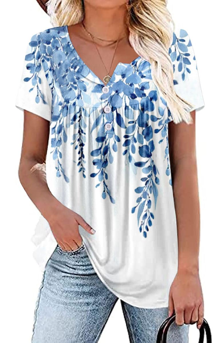 Chama Plus Size Short Sleeve Shirts For Women Pleated Flowy Tunic Blouses Floral Printed Tops