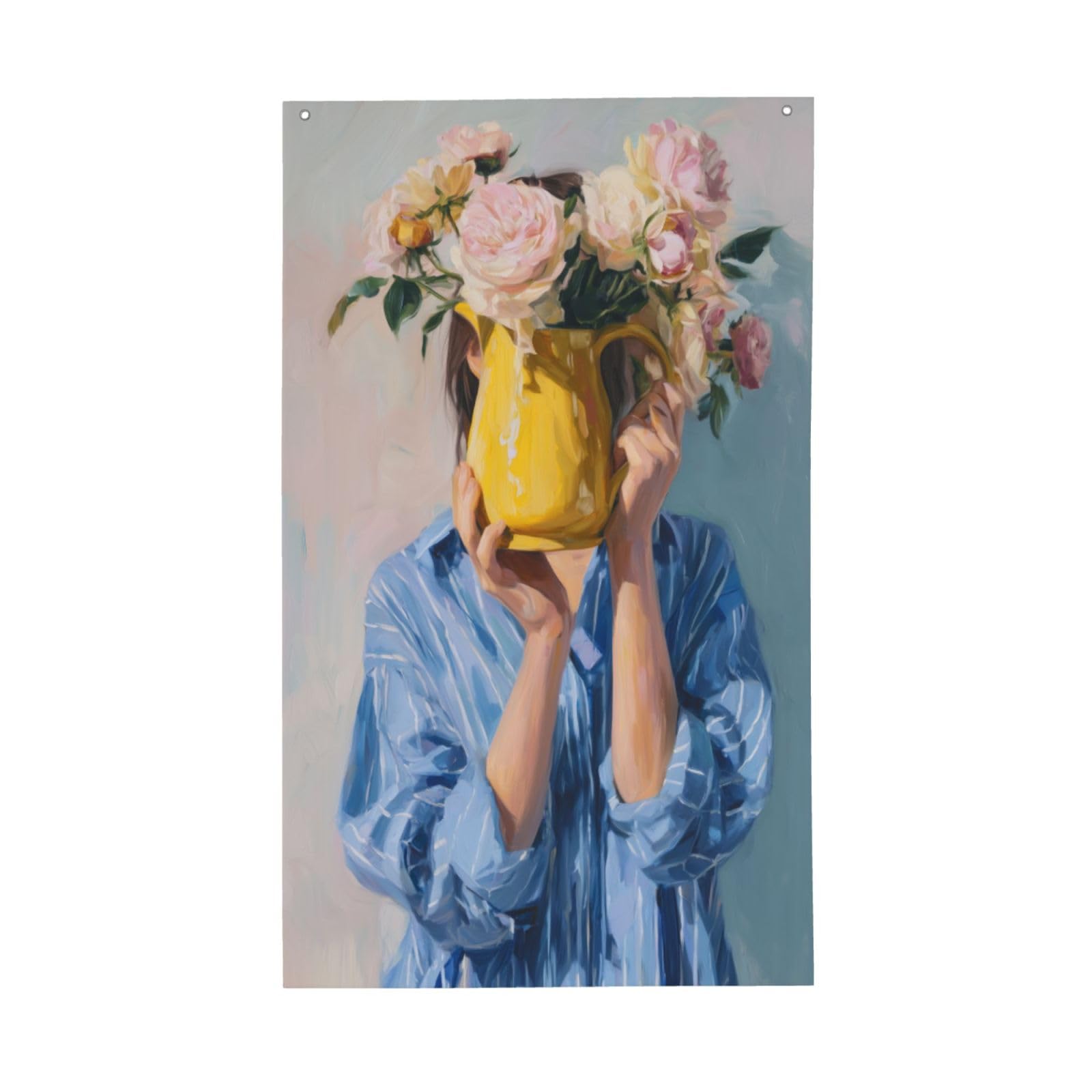 Blue Shirt Woman Yellow Flower Vase Yard House Flags,3x5 Ft Season Greeting Banner With Grommets Indoor Outdoor Party Home Decorations