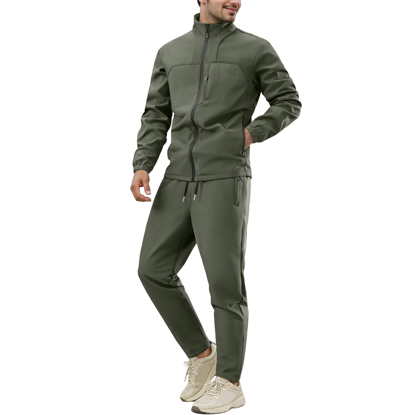 Sportanzug Herren Einfarbig Jogginganzug Set Wasserdichte Winddicht Softshelljacke und Baggy Bequem Sporthose mit Kordelzug Zweiteiliger Sportliche Outdoor Freizeitanzug Outdoorjacke