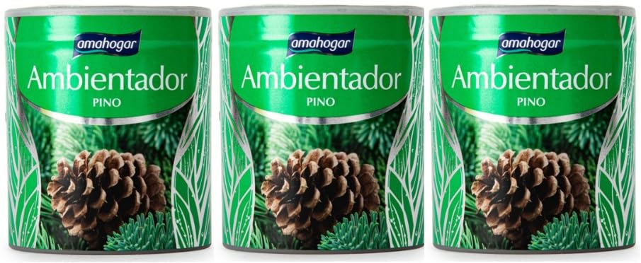 Pack 3 Amahogar Ambientador Pino, Perfume para el Hogar, Aroma Natural de Bosque, Fragancia Refrescante en Lata Verde